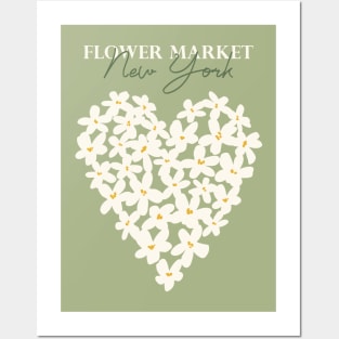 Flower market, New York, Sage green, Neutral retro print, Aesthetic poster, Heart art, Romantic Posters and Art